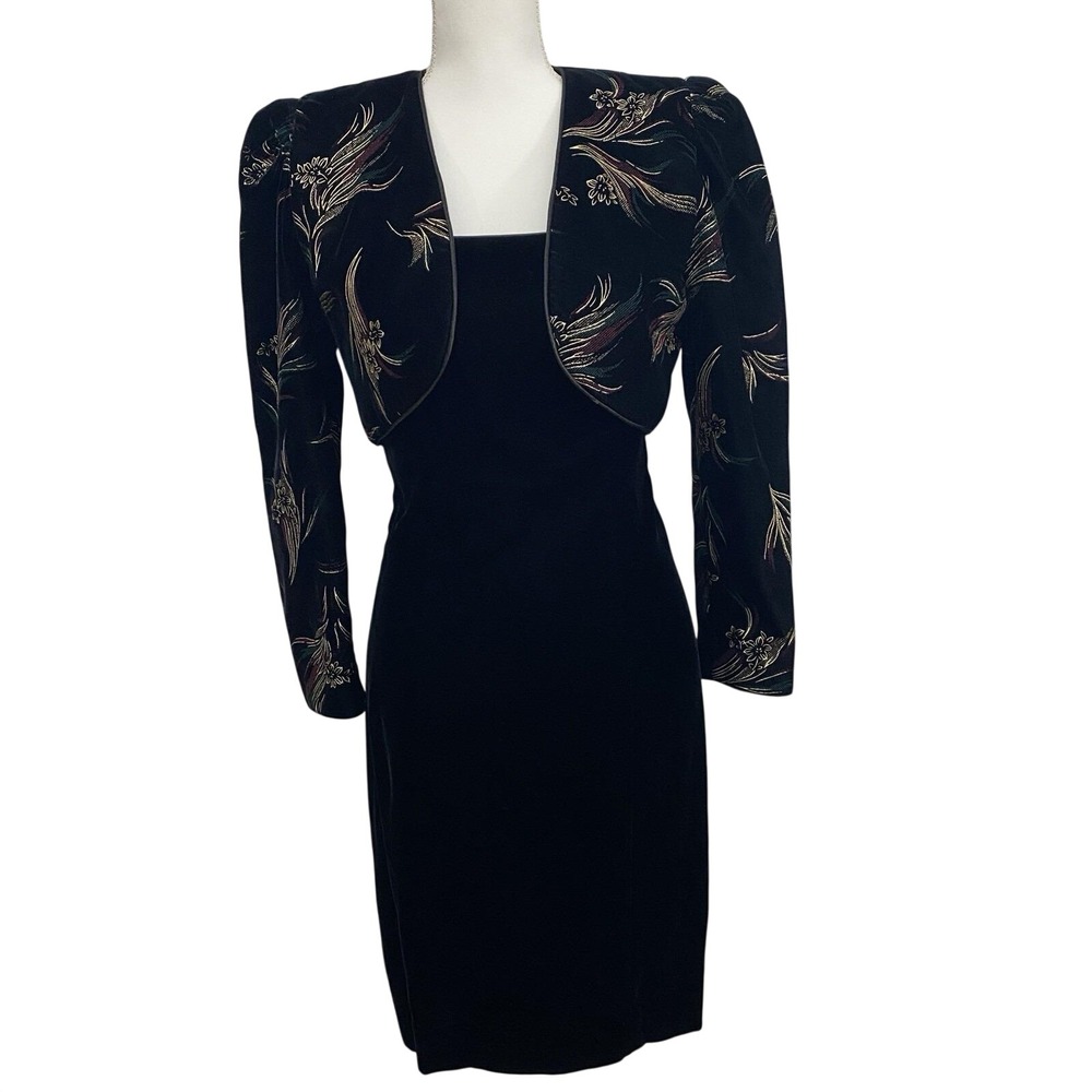 Vintage Leslie Fay Black Velvet Dress with Patterned Velvet Bolero Jacket, 6P